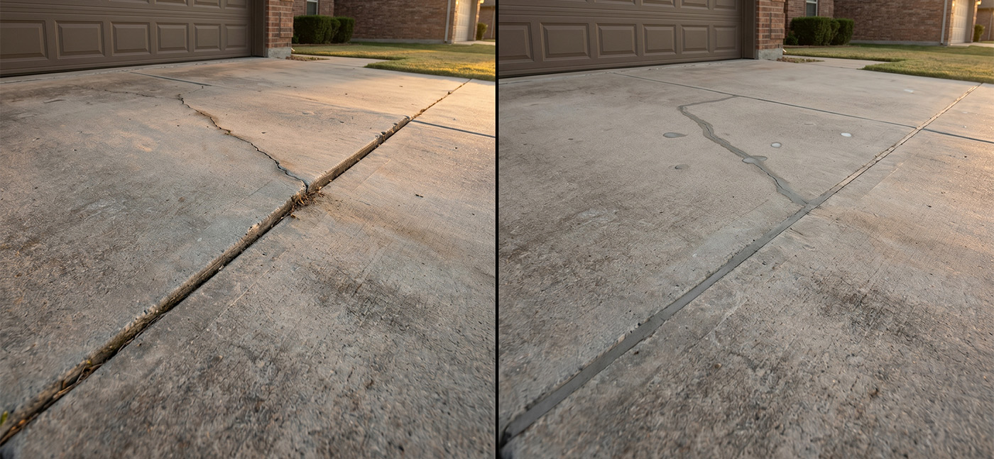 Concrete leveling Denver — before and after driveway repair in Highlands Ranch