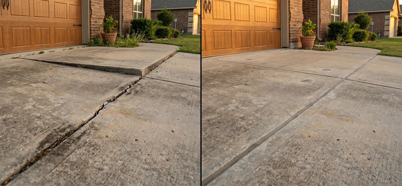 Concrete leveling Denver — before and after driveway slab in Castle Rock